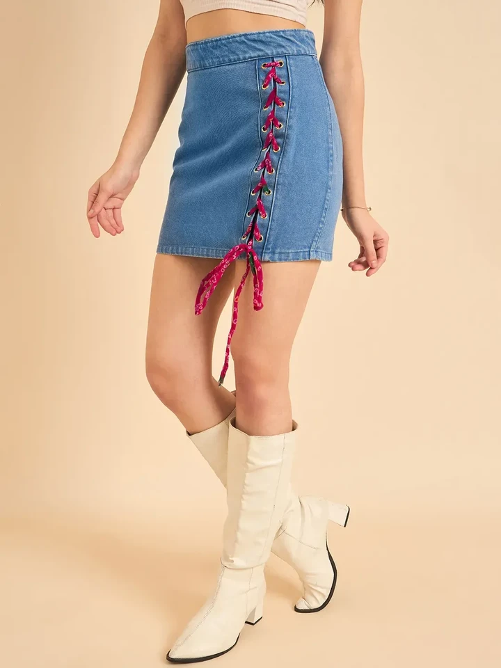Blue Mirage Bandhani Detail Denim Skirt