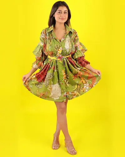 Green Whispering Leaves Shirt Dress