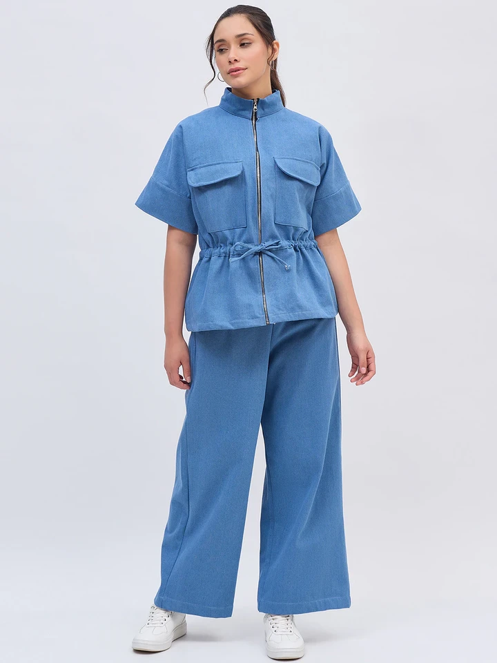 Light Blue Denim Shirt Chain Co Ord Set