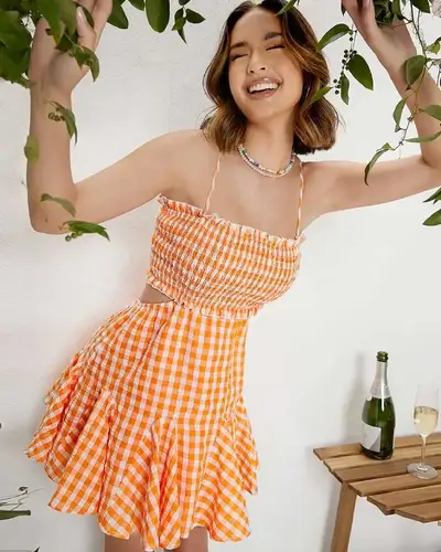 Orange And White Checked Cutout Dress