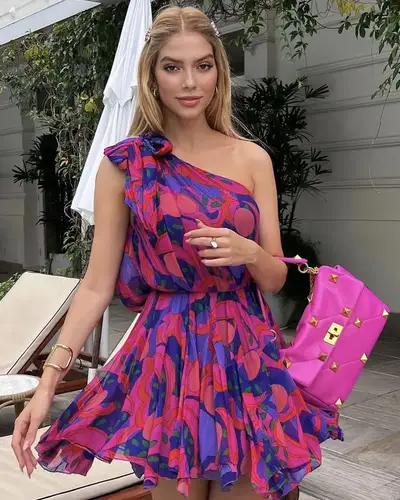 Pink Abstract Printed One Shoulder Dress