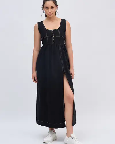 Black Denim Thread Midi Dress