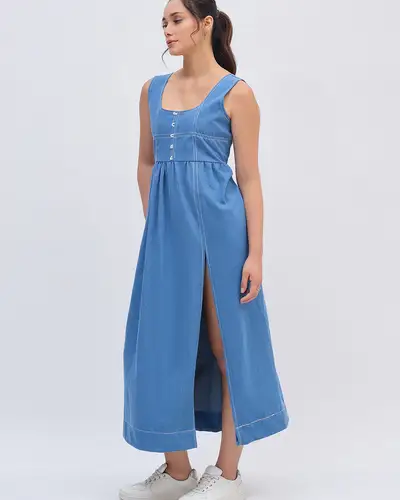 Blue Denim Thread Midi Dress