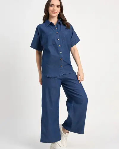 Dark Blue Denim Shirt Co-ord Set