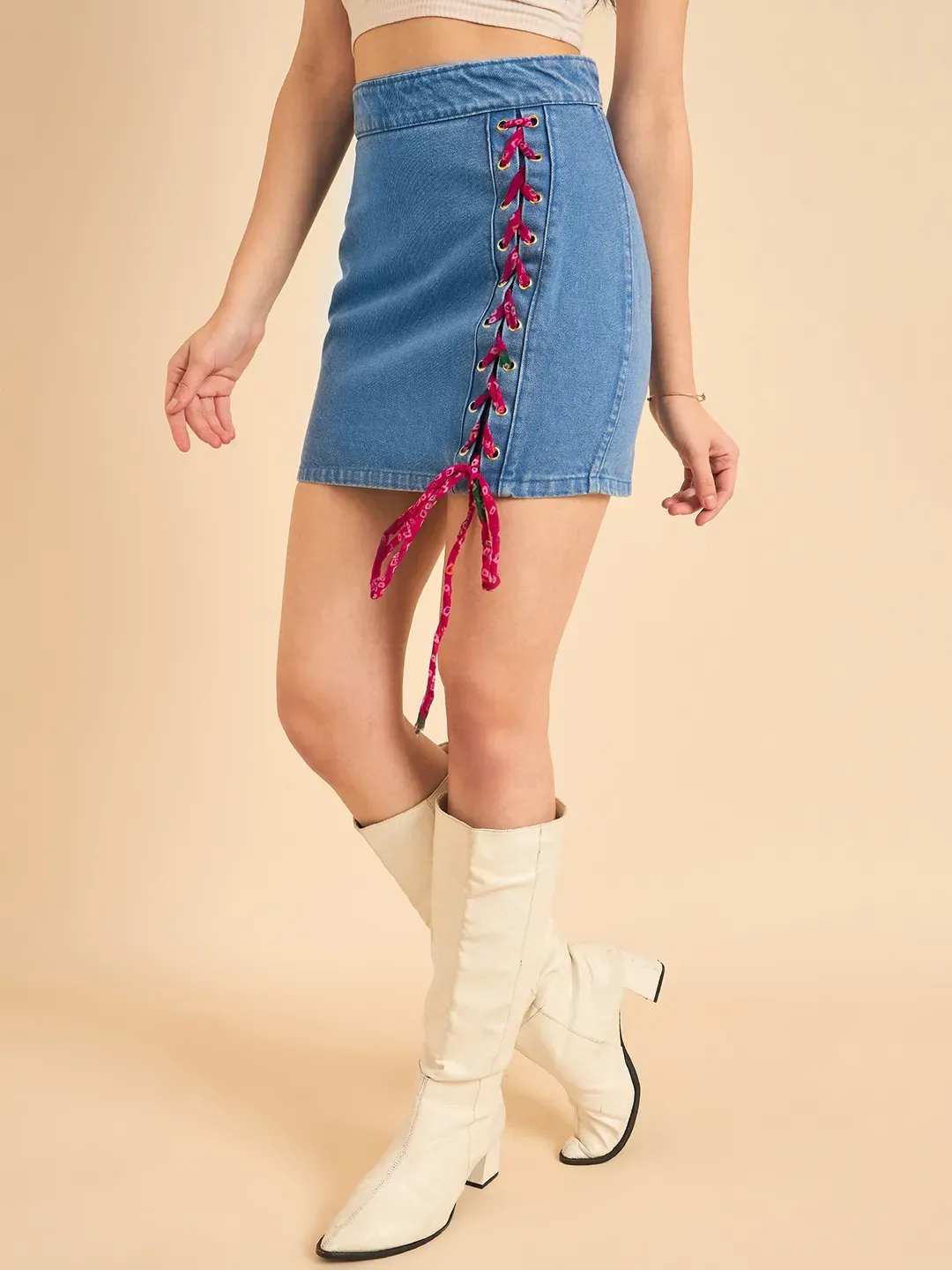 Blue Mirage Bandhani Detail Denim Skirt