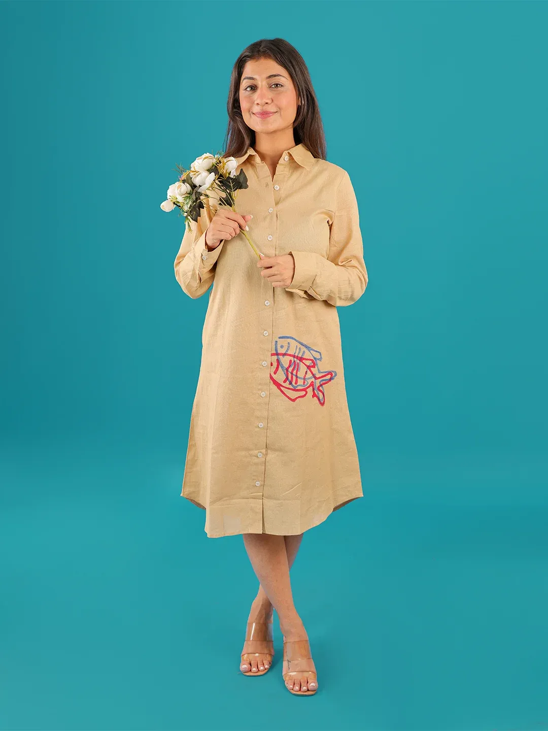 Beige Twin-Fin Shirt Dress