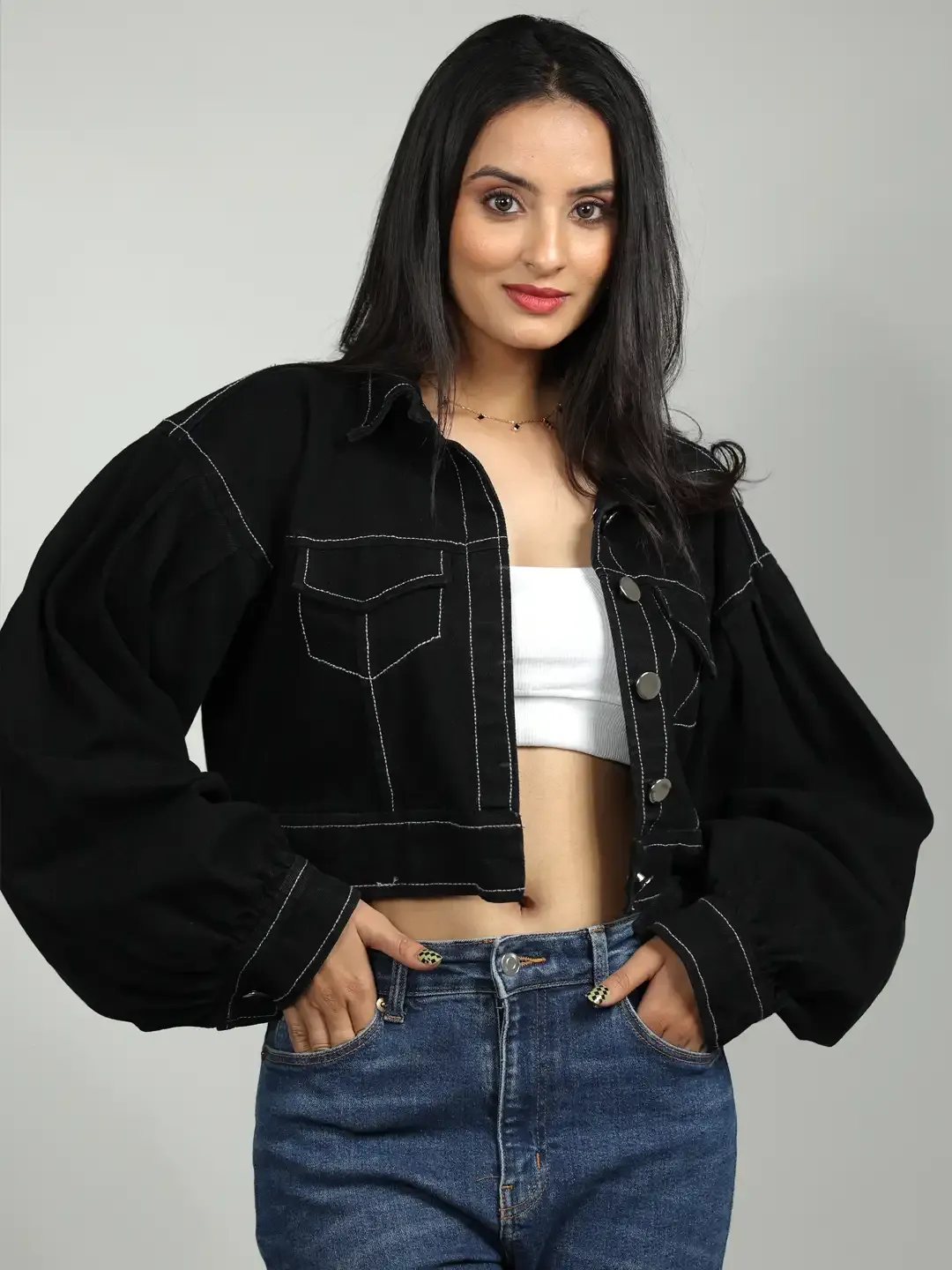 Black Denim Puffed Sleeves Crop Jacket