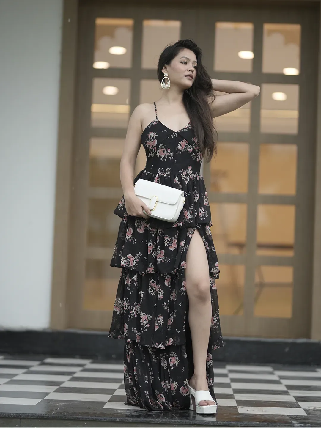 Black Floral Ruffled Dress