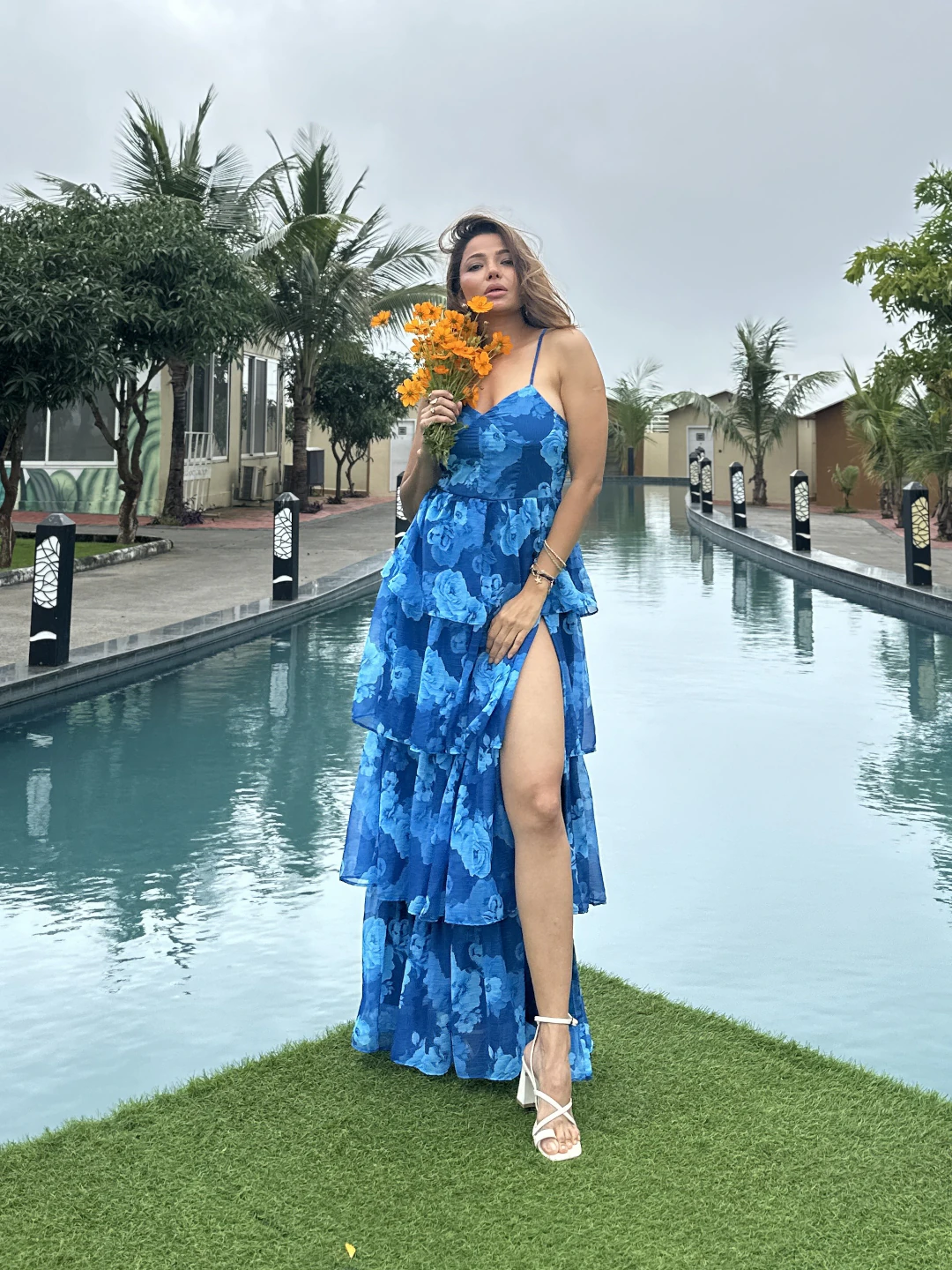 Blue Floral Ruffel Dress