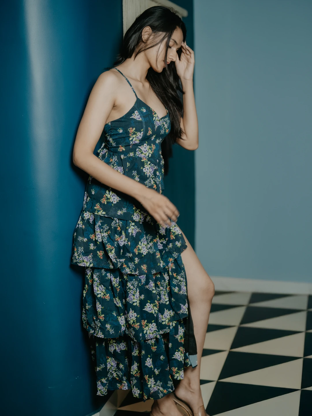 Blue Floral Ruffel Dress