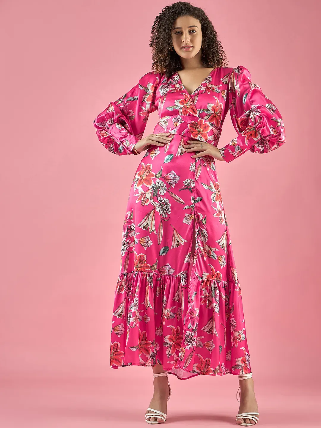 Floral Printed Ballon Sleeves Slit Dress