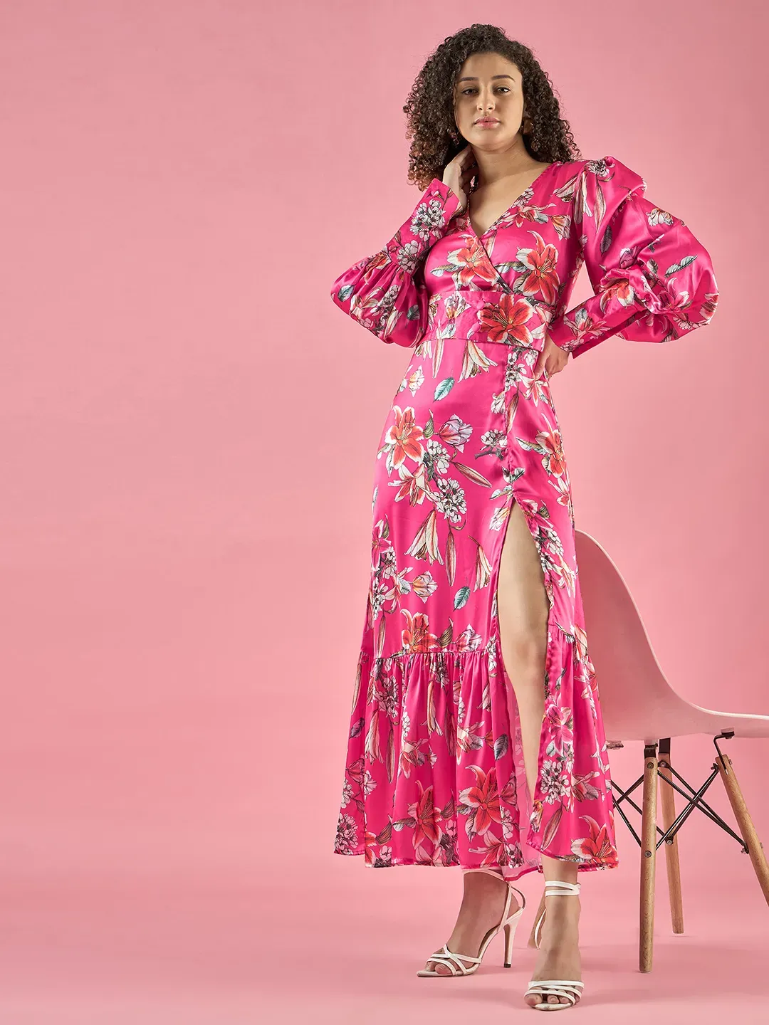 Floral Printed Ballon Sleeves Slit Dress