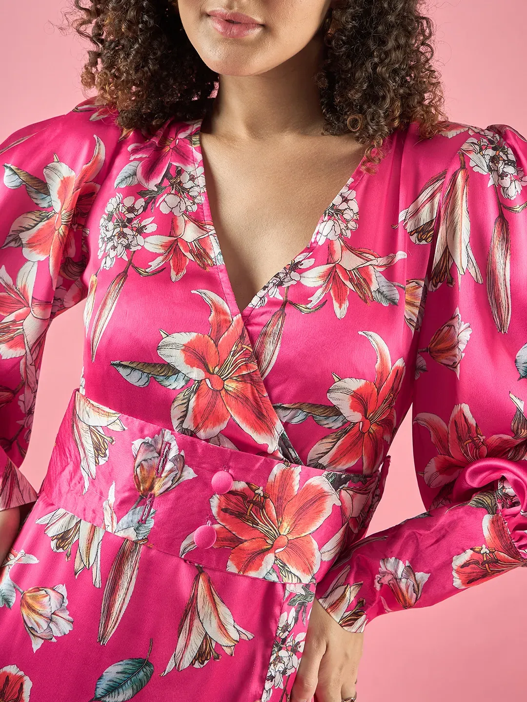 Floral Printed Ballon Sleeves Slit Dress