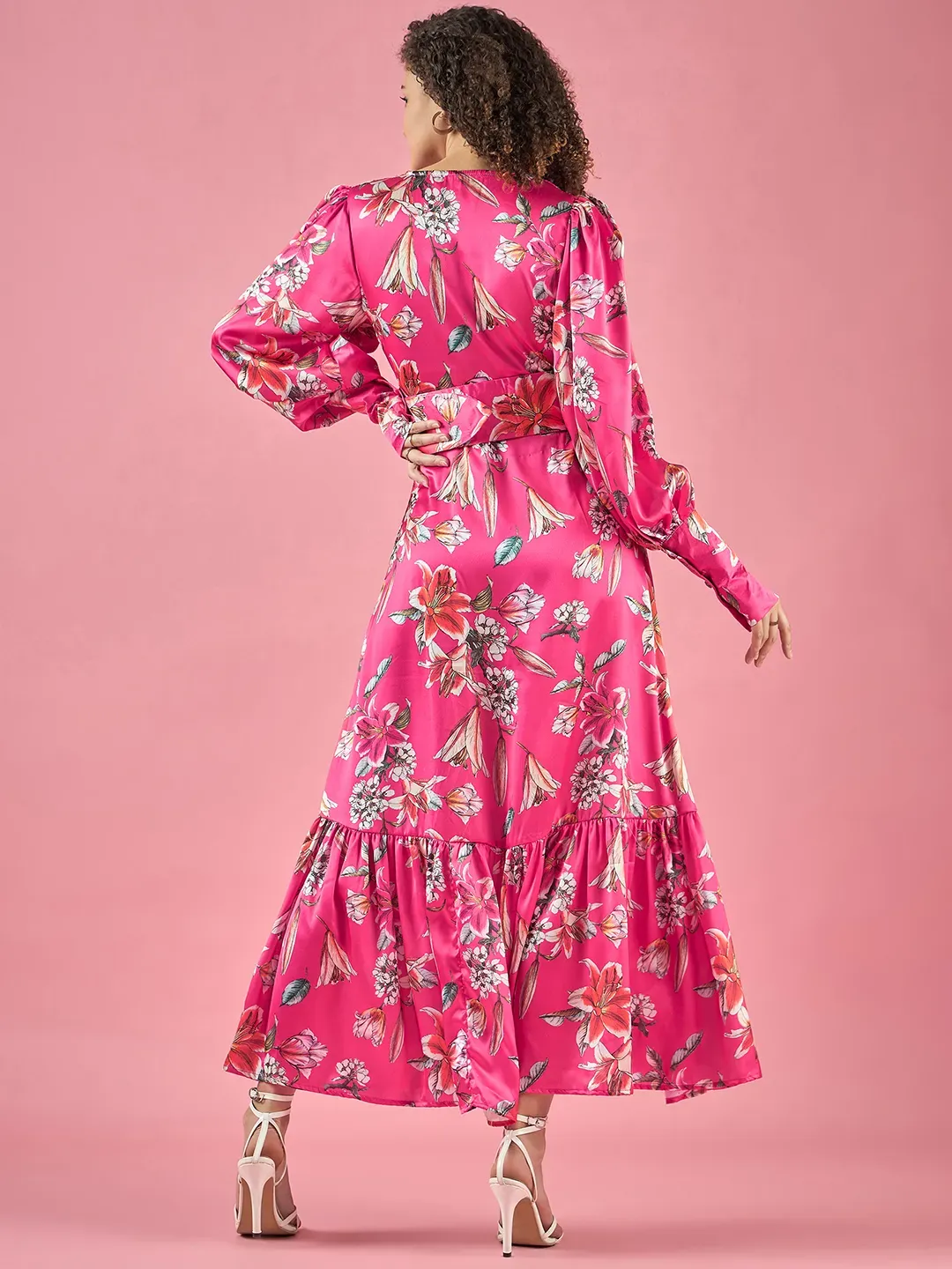 Floral Printed Ballon Sleeves Slit Dress