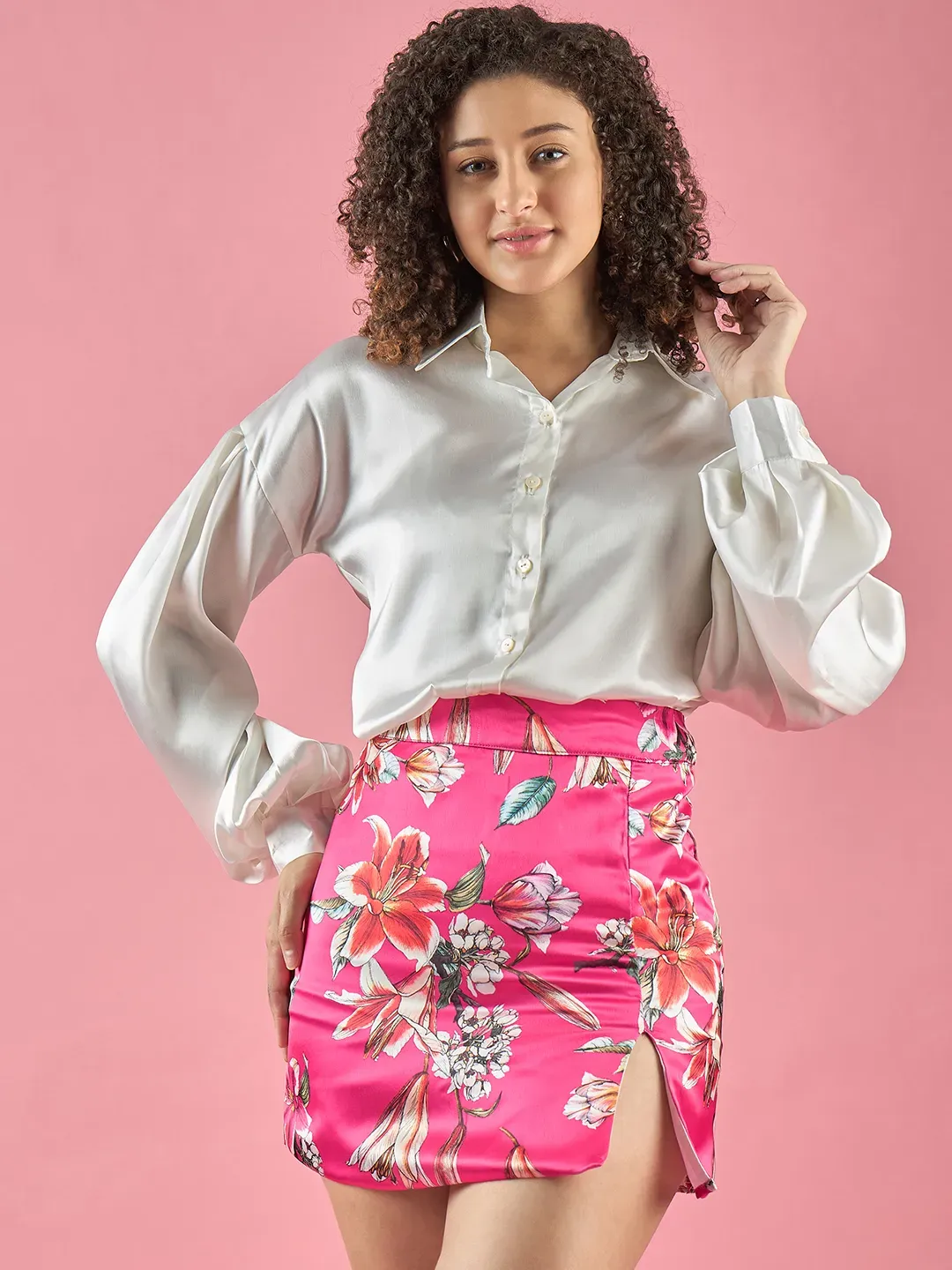 Floral Skirt With White Puffed Sleeves Shirt