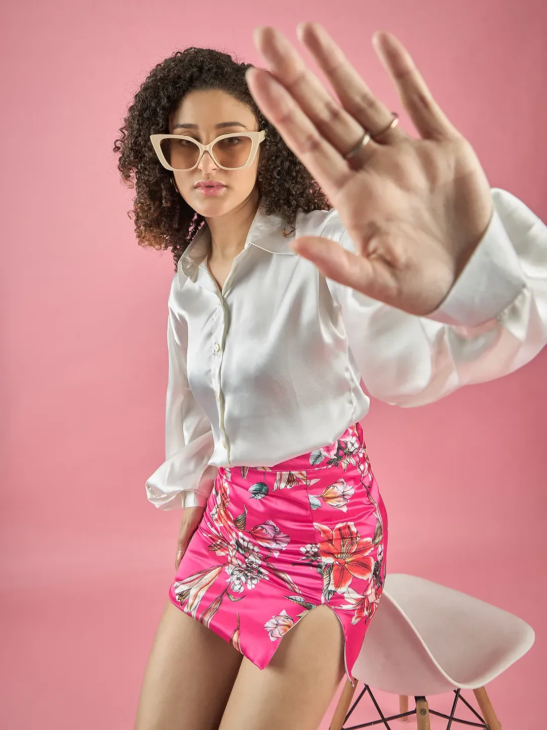 Floral Skirt With White Puffed Sleeves Shirt