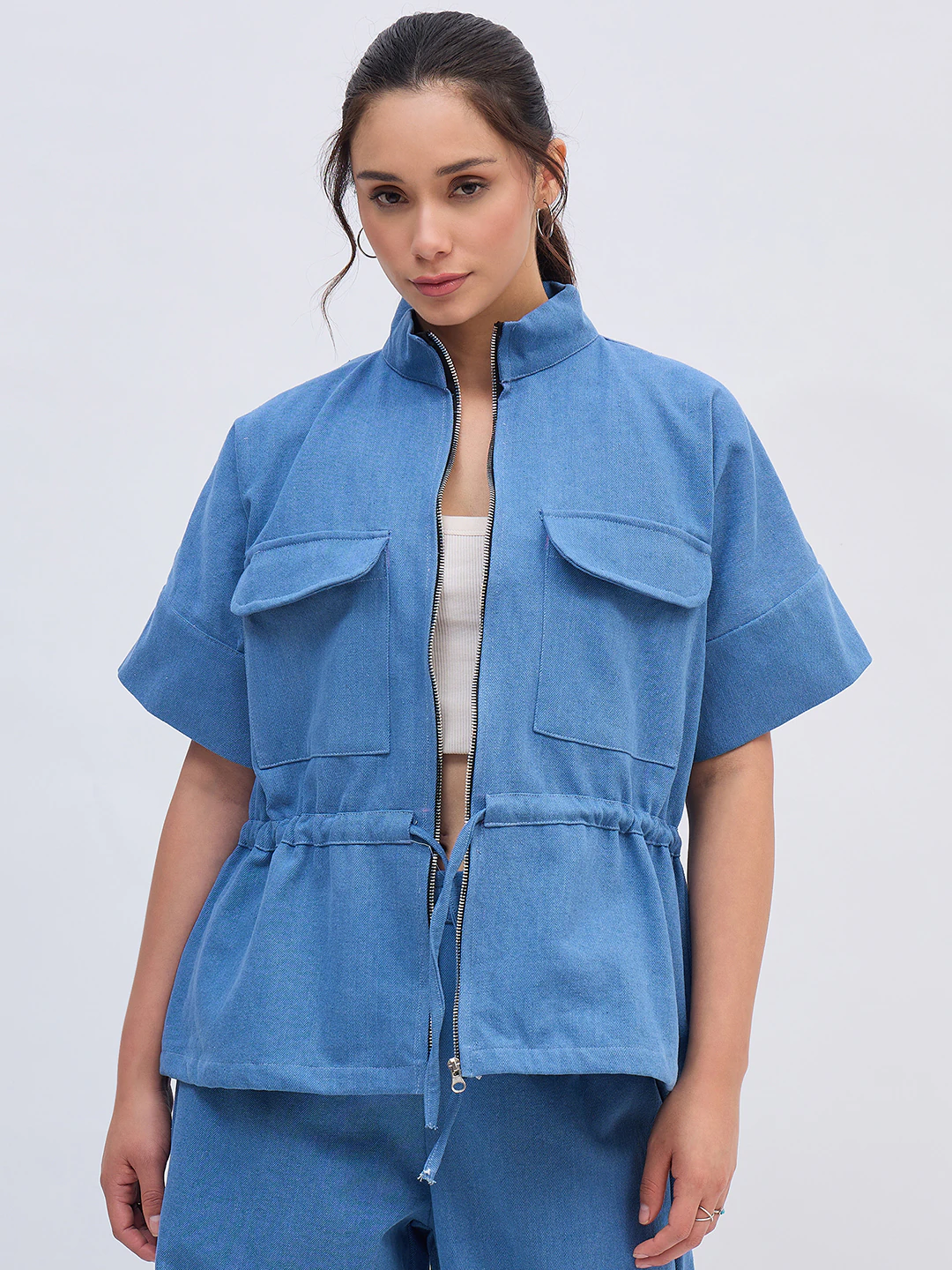 Light Blue Denim Shirt Chain Co Ord Set