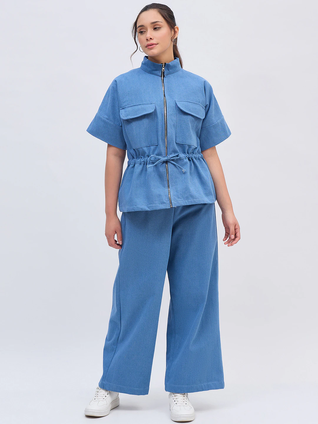 Light Blue Denim Shirt Chain Co Ord Set