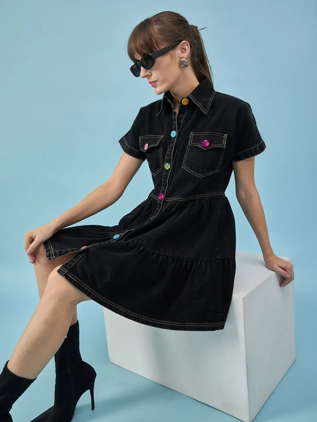 Midnight Layers Denim Black Dress
