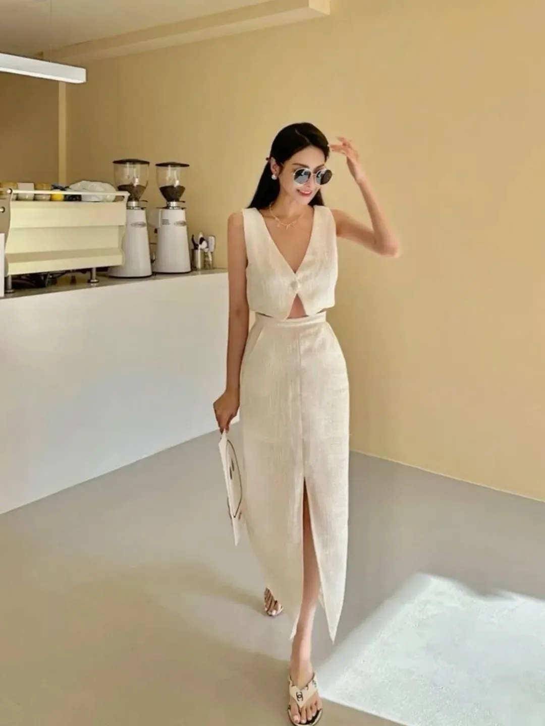 Off White Waistcoat Top And Skirt