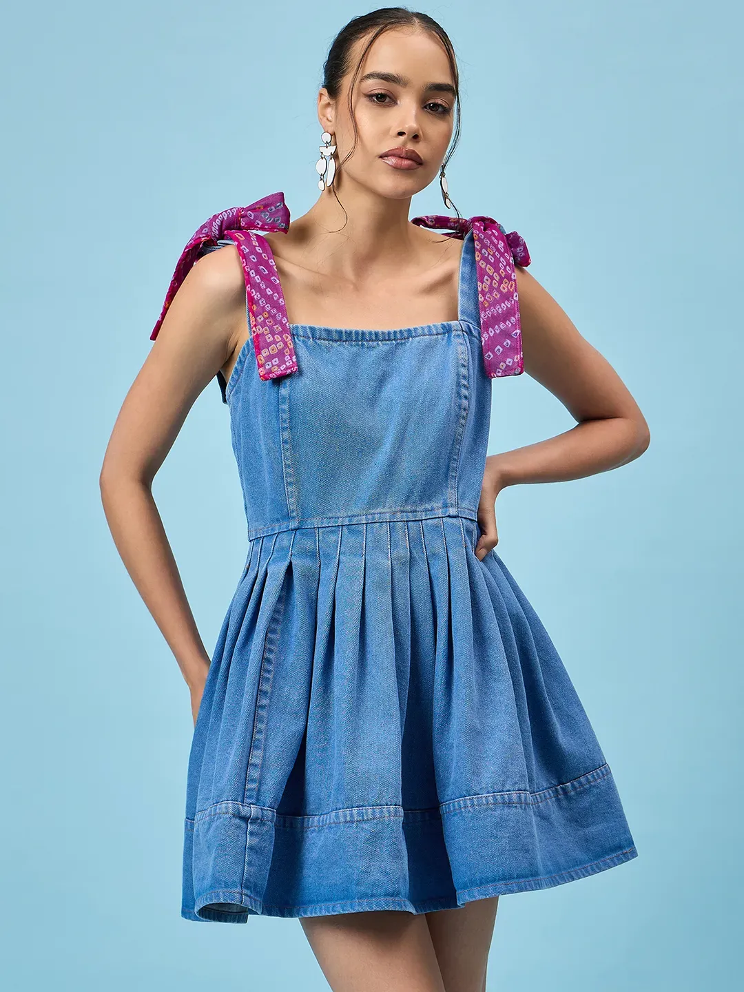 Pleated Petite Blue Denim Dress