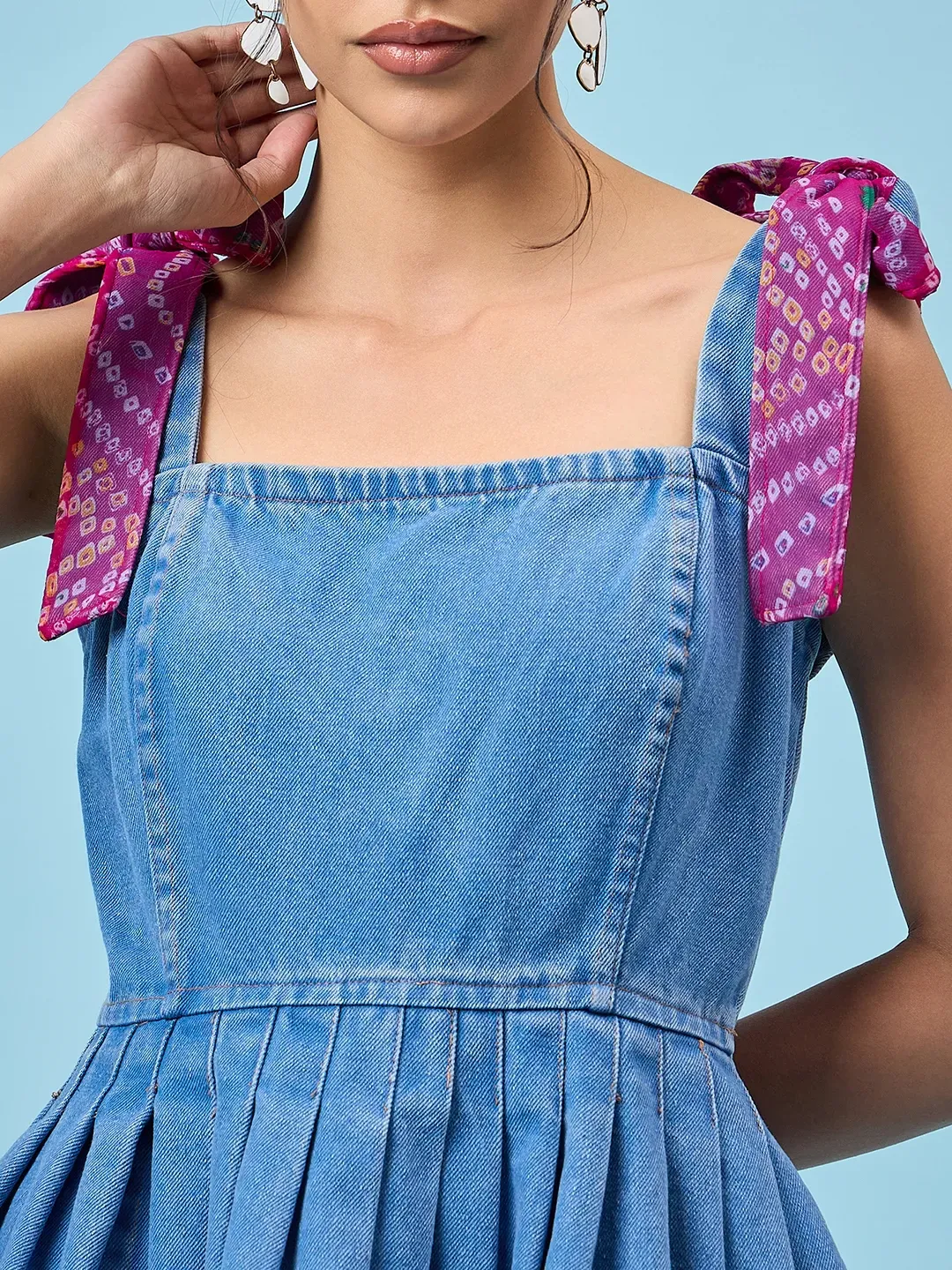 Pleated Petite Blue Denim Dress