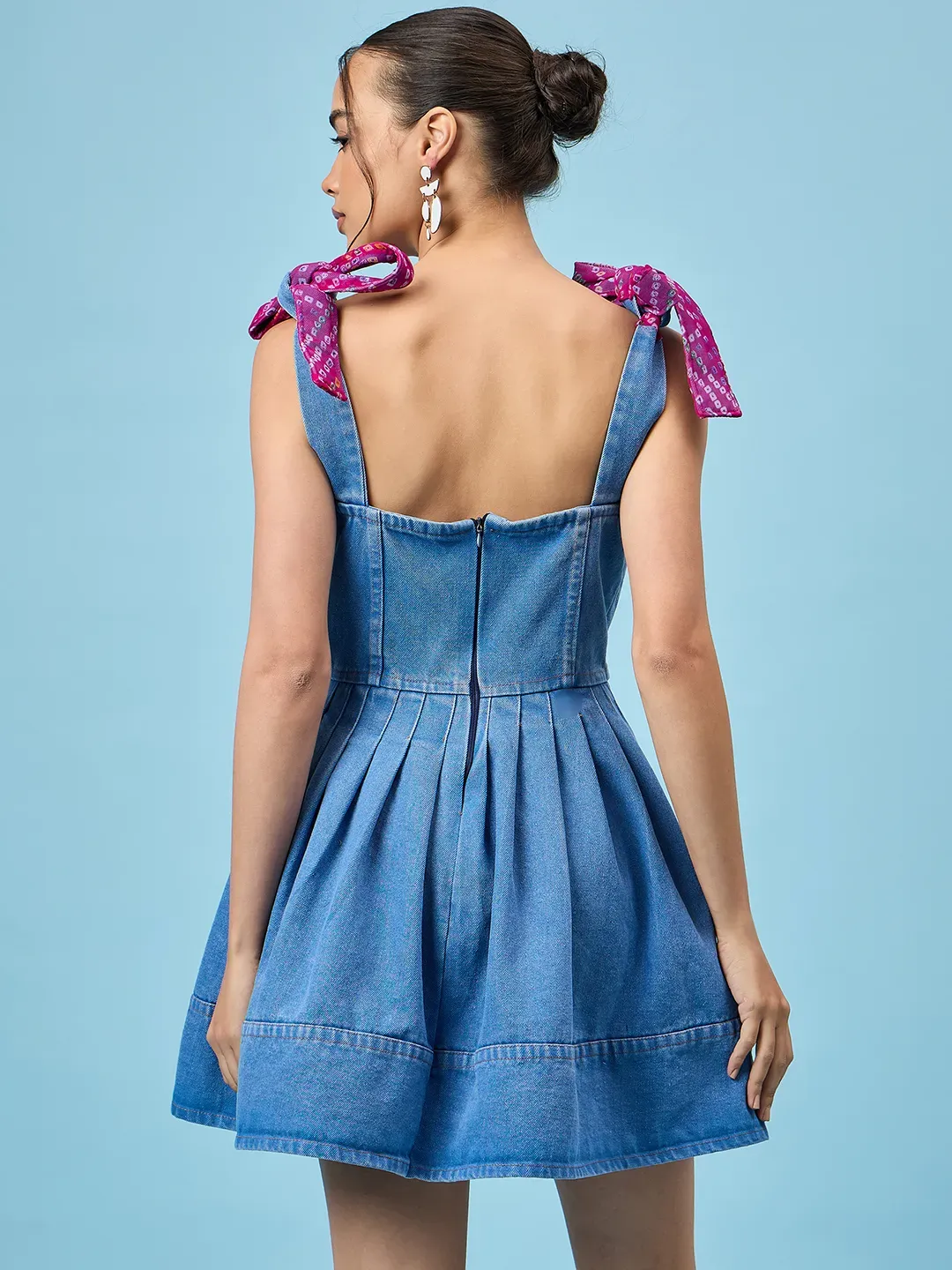 Pleated Petite Blue Denim Dress