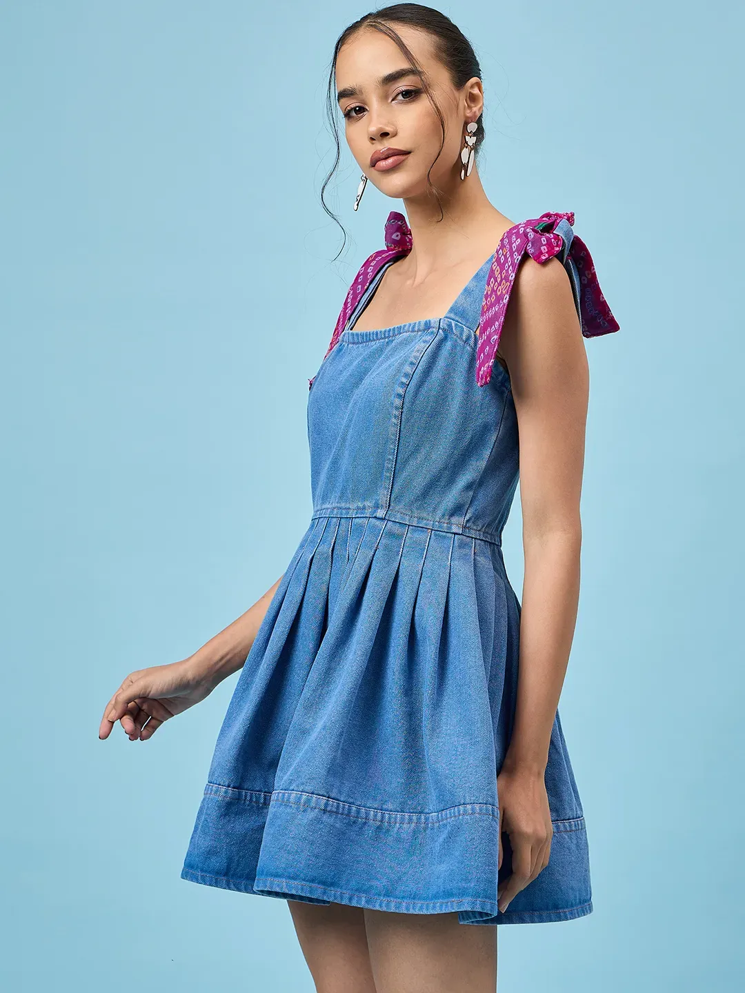 Pleated Petite Blue Denim Dress