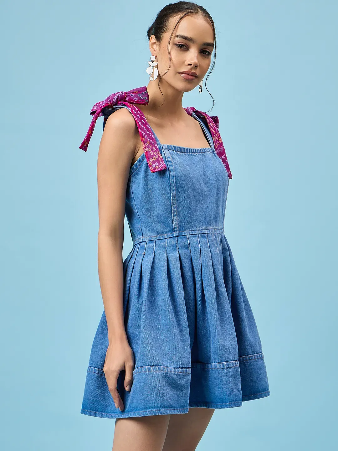 Pleated Petite Blue Denim Dress