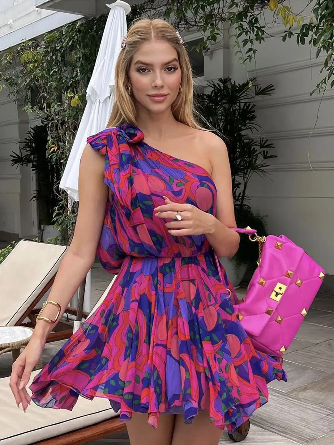 Pink Abstract Printed One Shoulder Dress