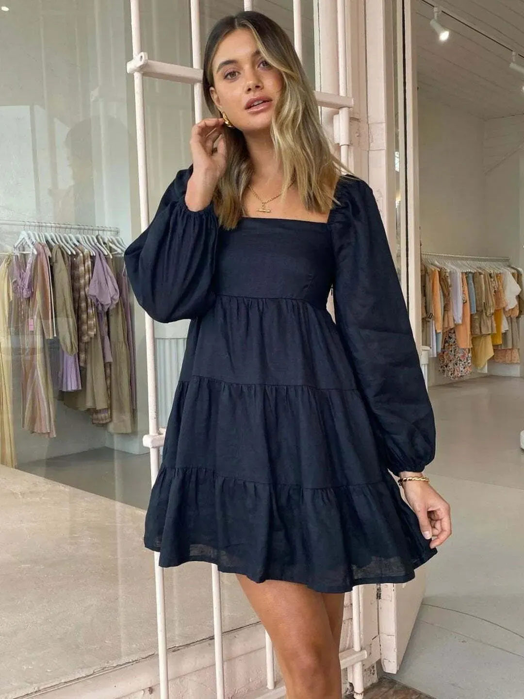 Tiered Solid A Line Dress