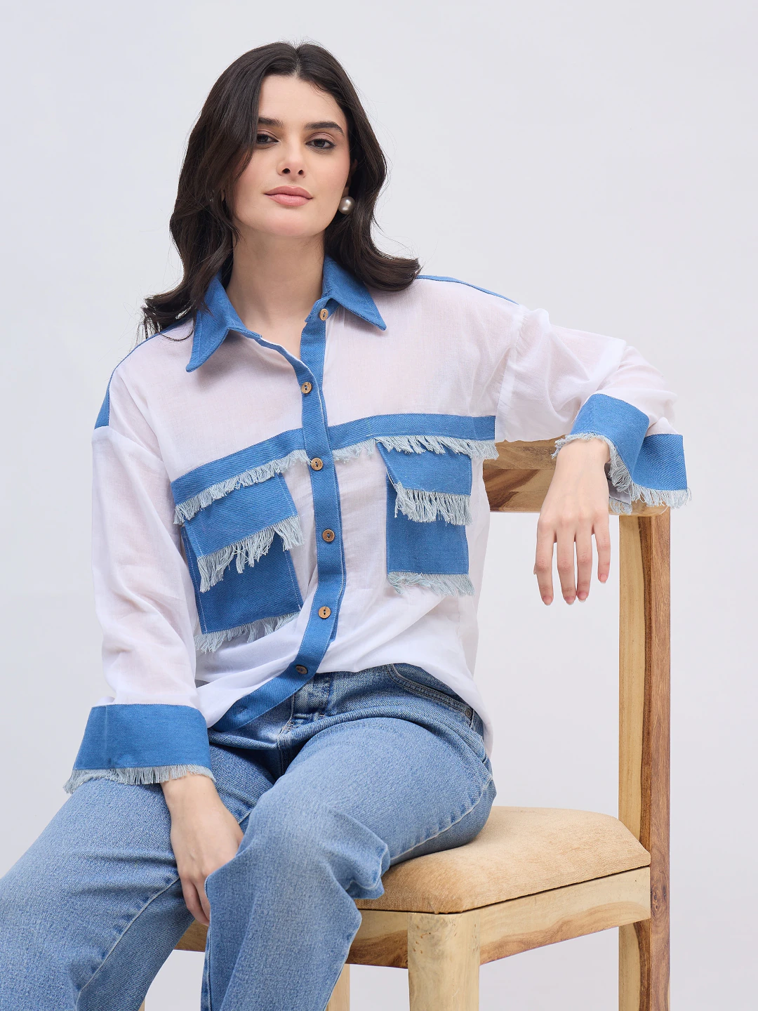 White Denim Detail Shirt