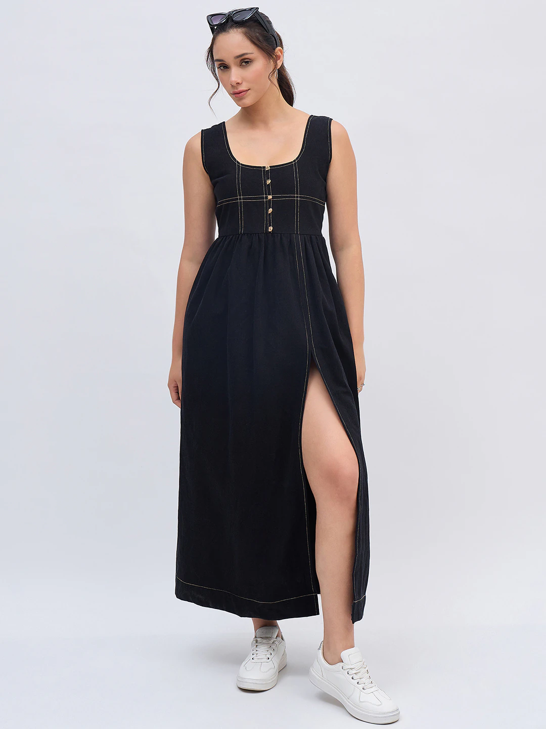 Black Denim Thread Midi Dress