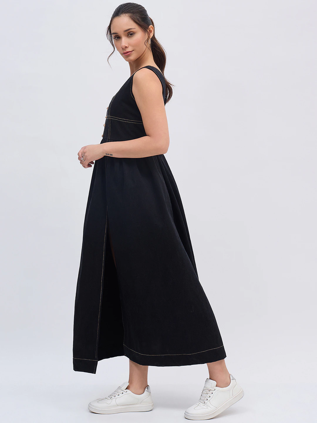 Black Denim Thread Midi Dress
