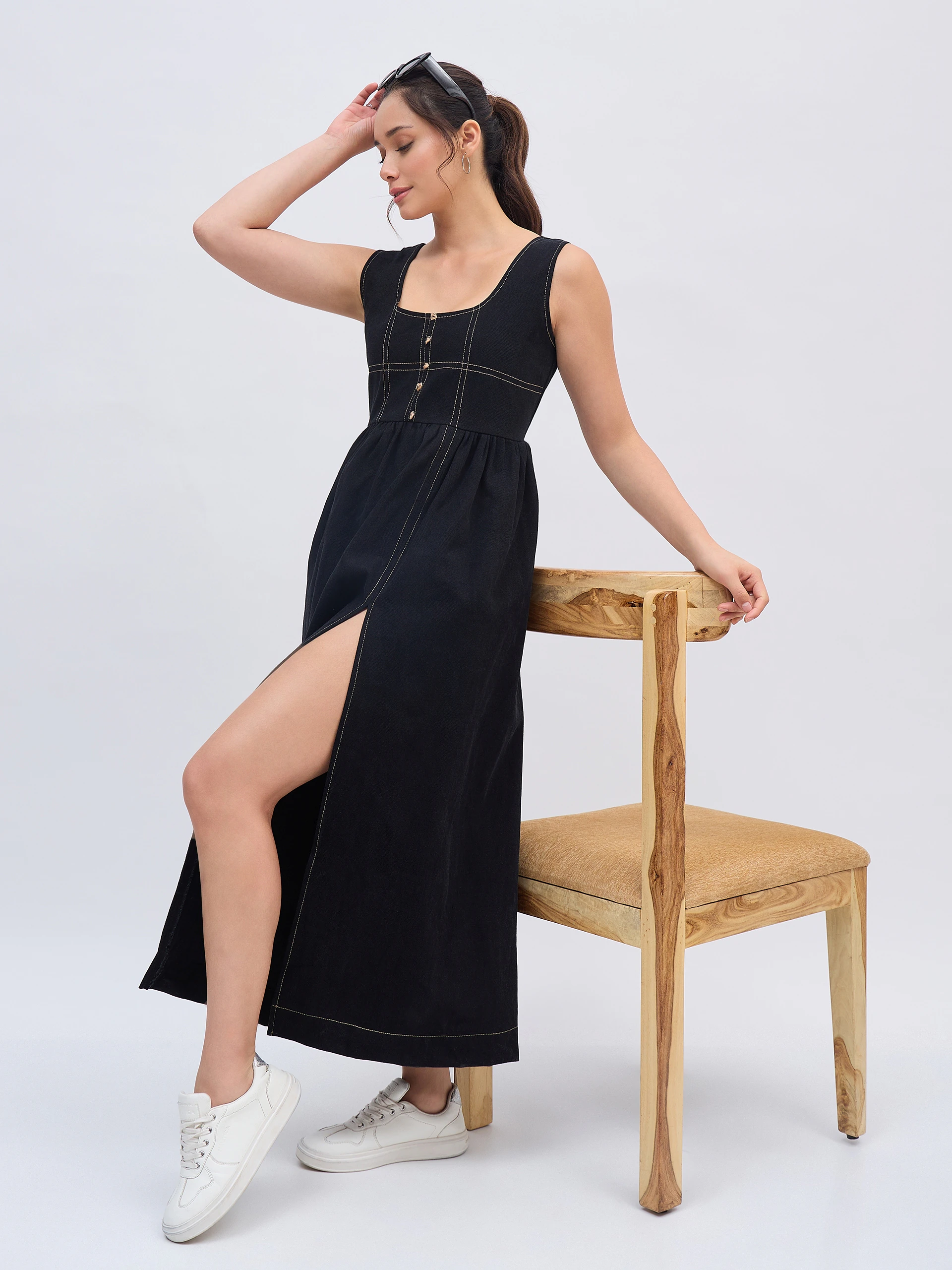 Black Denim Thread Midi Dress