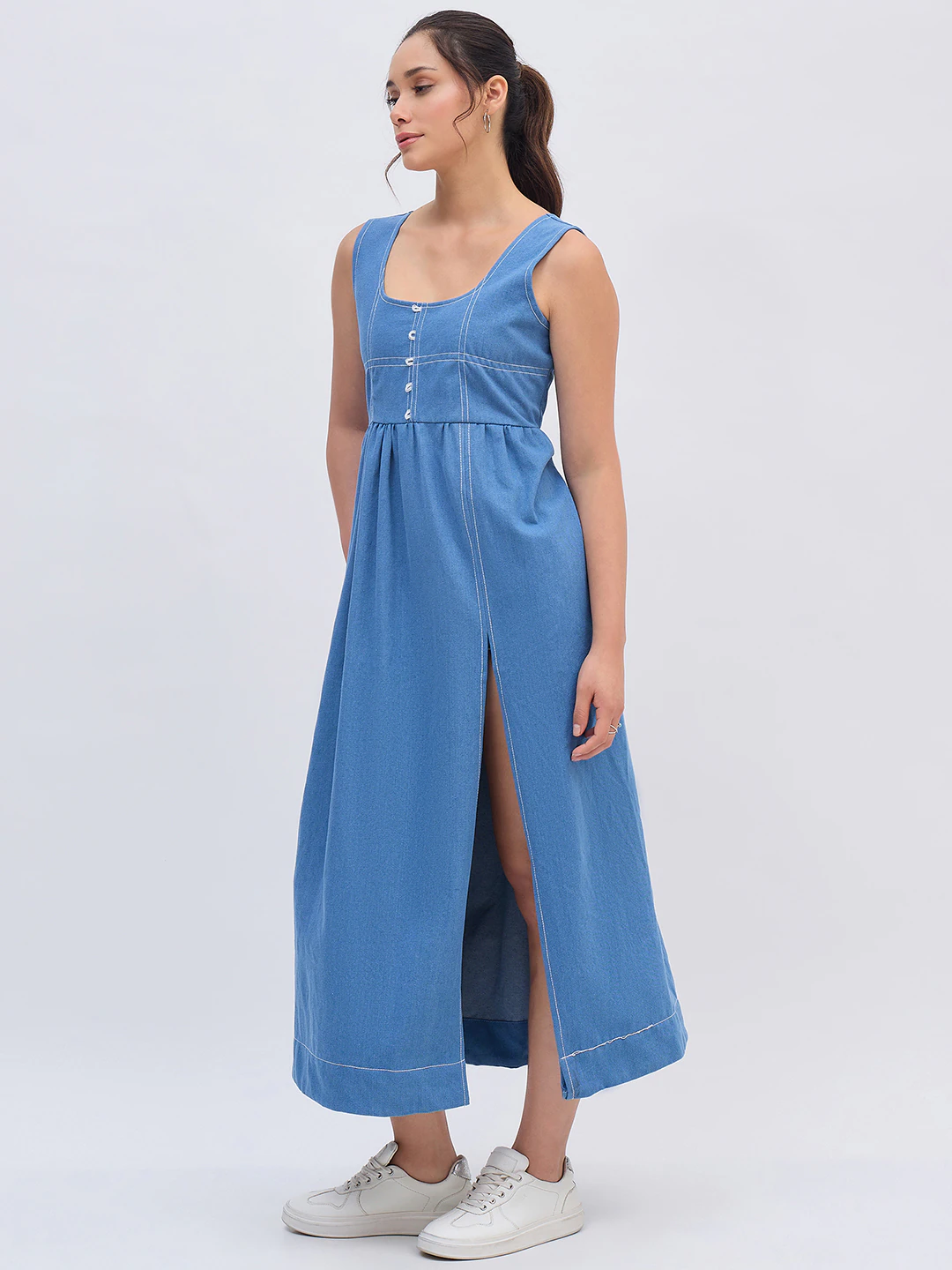 Blue Denim Thread Midi Dress