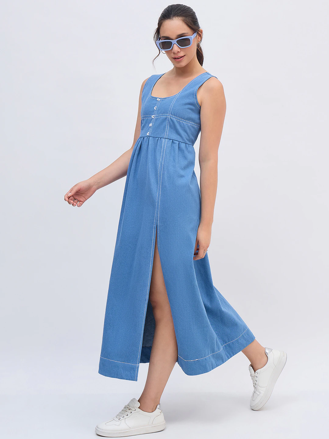 Blue Denim Thread Midi Dress