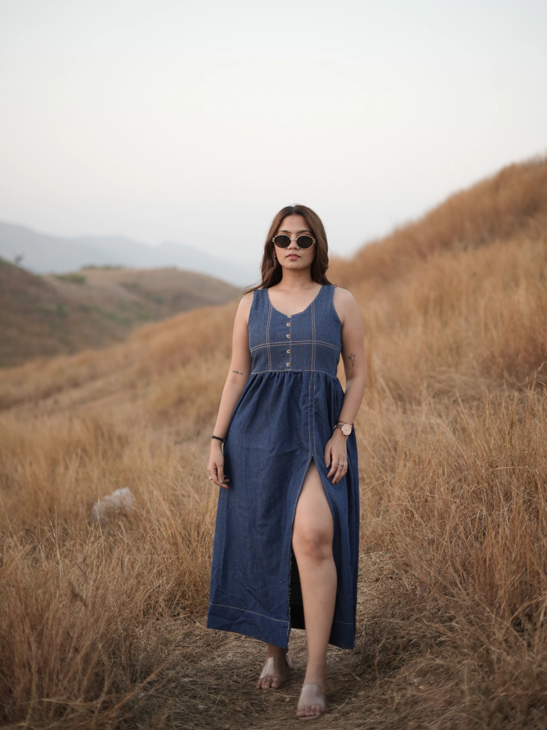 Dark Blue Denim Thread Midi Dress