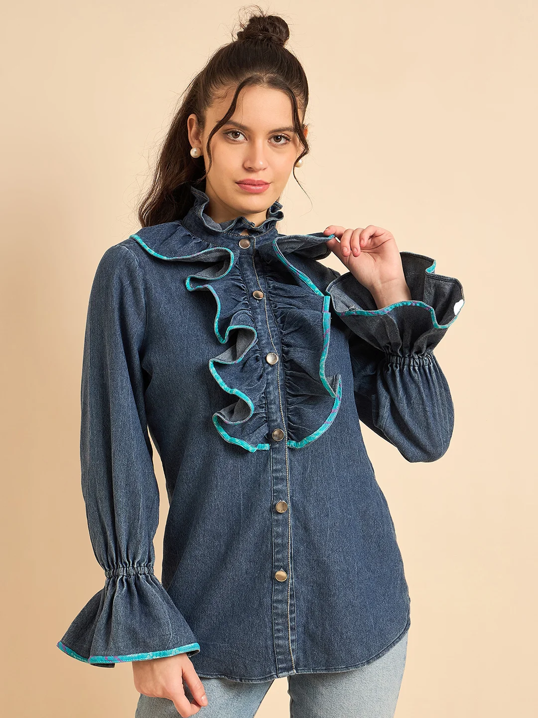 Navy Frill Denim Shirt