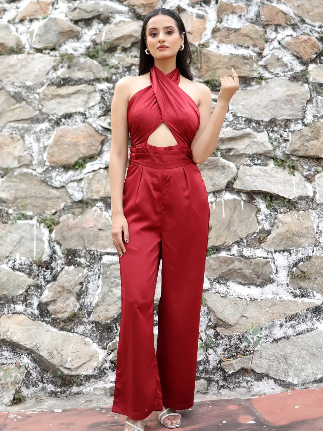 Red Satin Halter Neck Jumpsuit Seethatgal