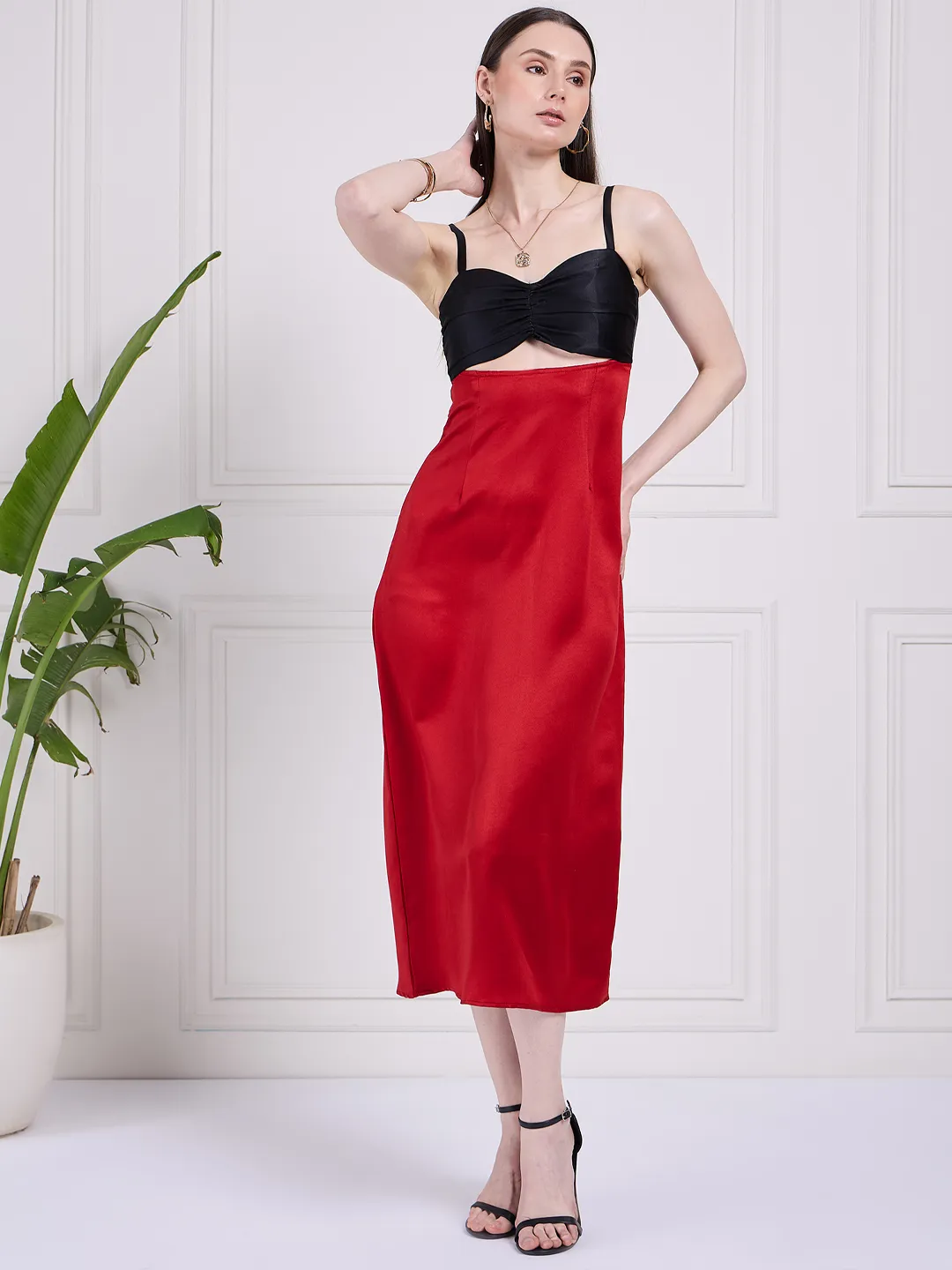 Red and Black Cut-out Satin Dress