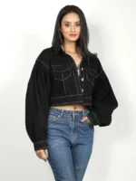 Black Denim Puffed Sleeves Crop Jacket