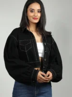 Black Denim Puffed Sleeves Crop Jacket