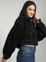 Black Denim Puffed Sleeves Crop Jacket