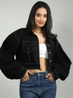 Black Denim Puffed Sleeves Crop Jacket