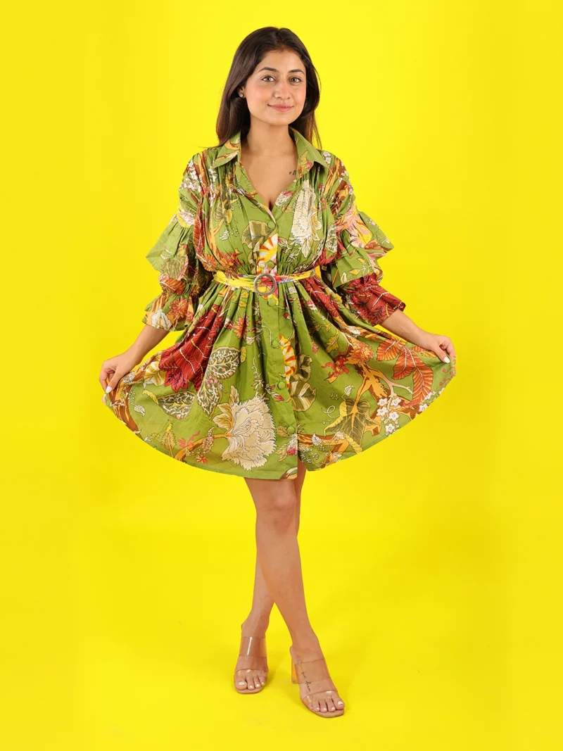 GREEN WHISPERING LEAVES SHIRT DRESS