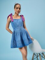 PLEATED PETITE BLUE DENIM DRESS