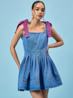 PLEATED PETITE BLUE DENIM DRESS