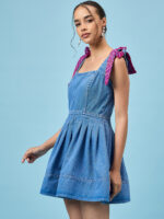 PLEATED PETITE BLUE DENIM DRESS