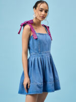 PLEATED PETITE BLUE DENIM DRESS